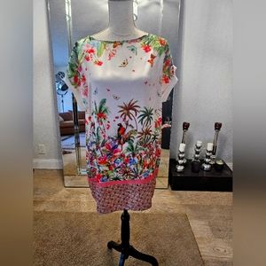 Promod White Multicolor Butterfly Floral Size M Short Sleeve Belted Mini Dress